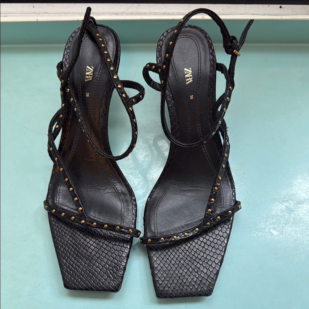 Zara Black Strappy Sandals with Gold Studs